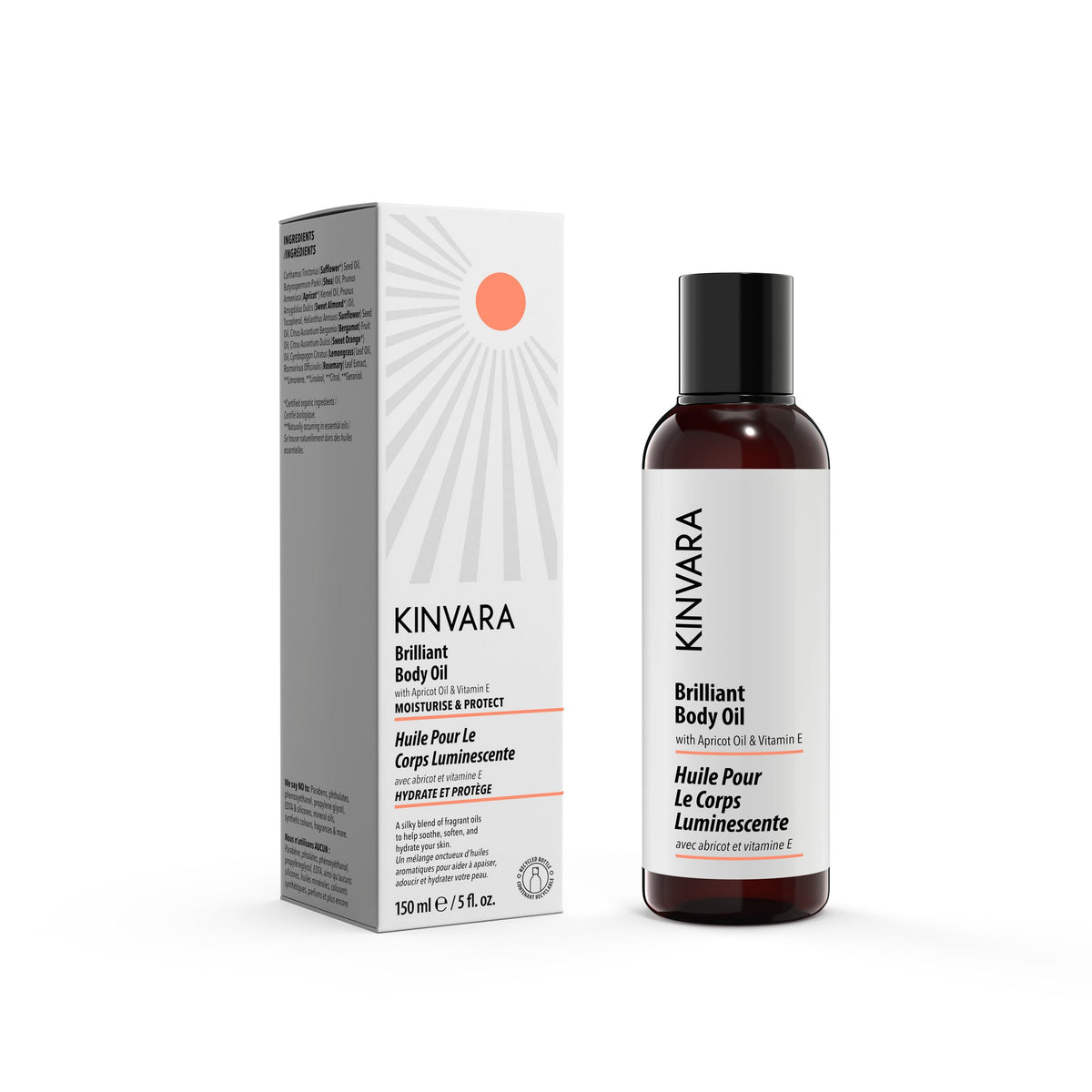 Kinvara Brilliant Body Oil with Apricot and Vitamin E, Vegan Moisturizing Body Oil, 150ml