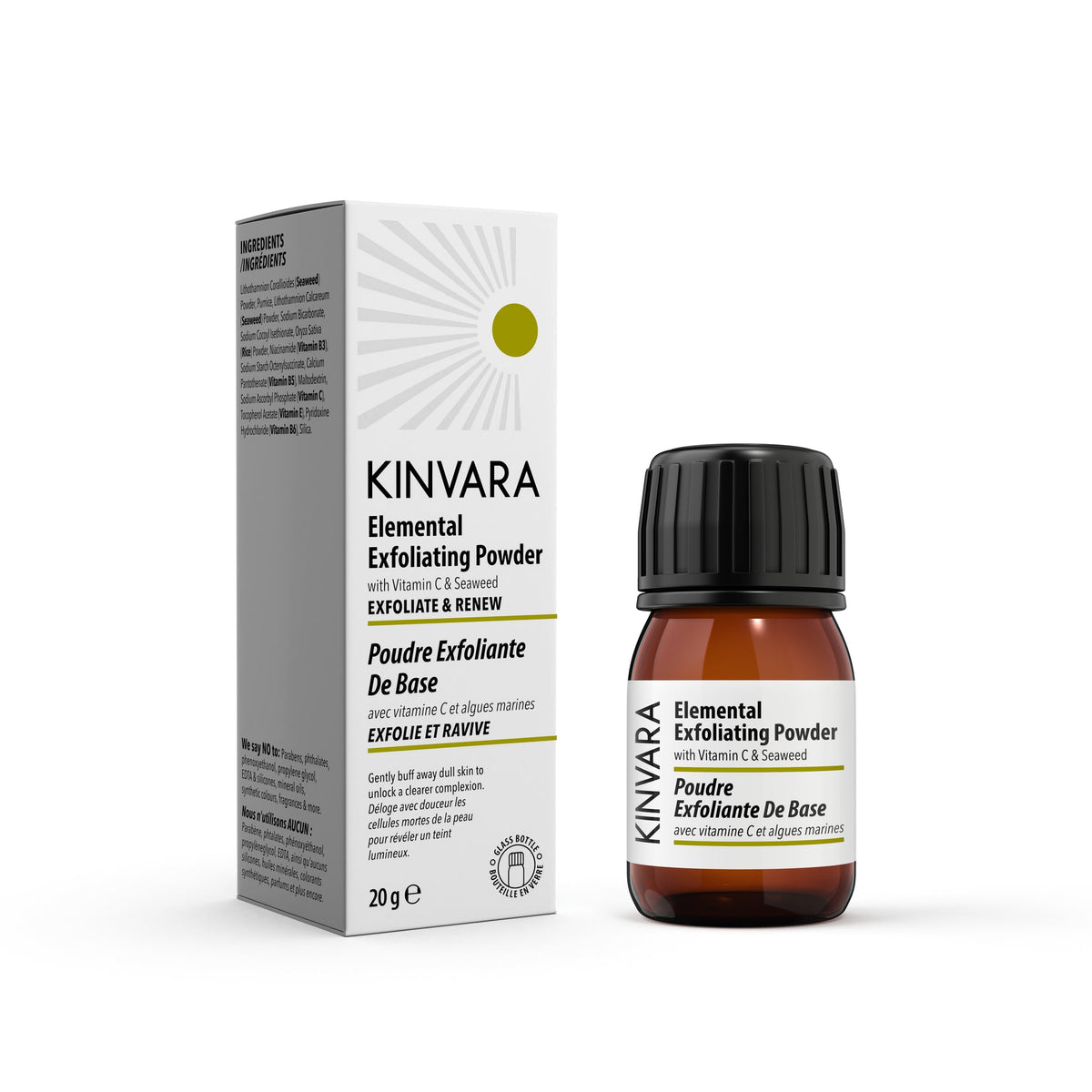 Kinvara Elemental Exfoliating Powder with Seaweed and Vitamin C, Gentle Vegan Face Polish, 20g