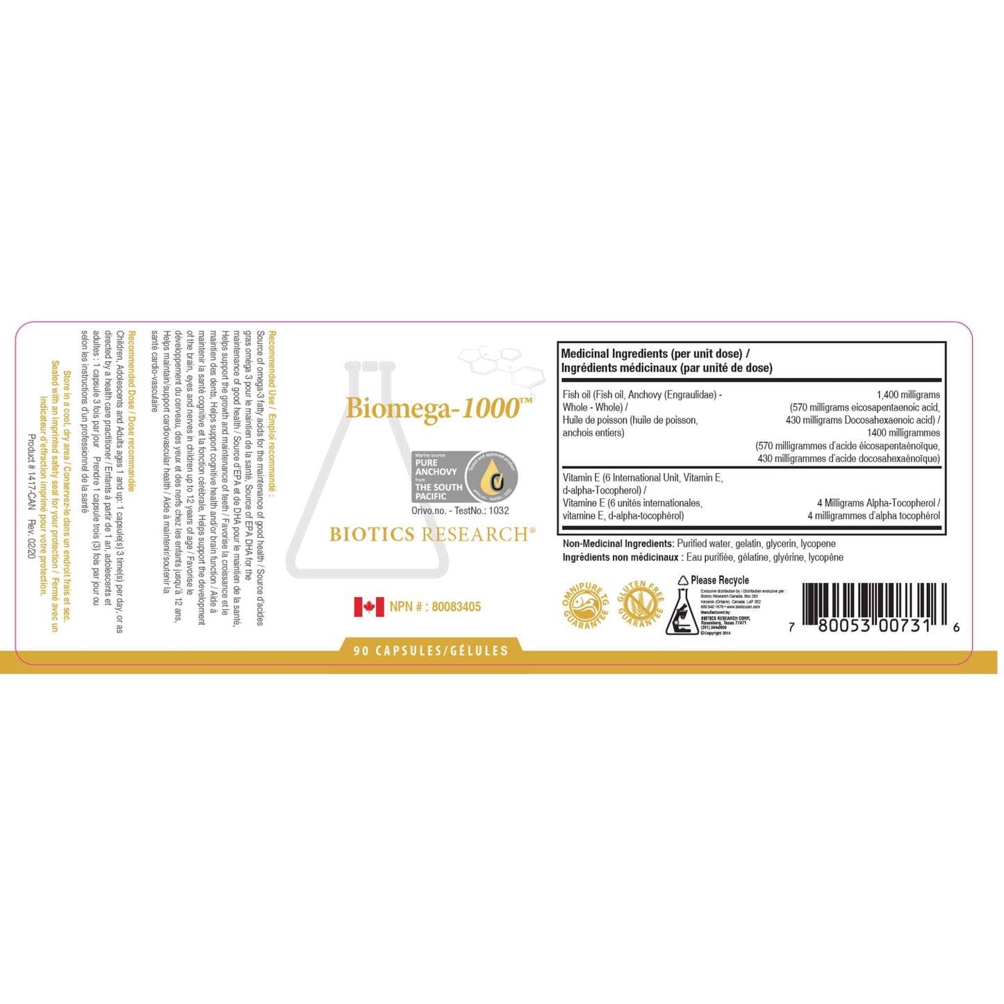 90 Capsules | Biotics Research Biomega-1000 Nutrition Label