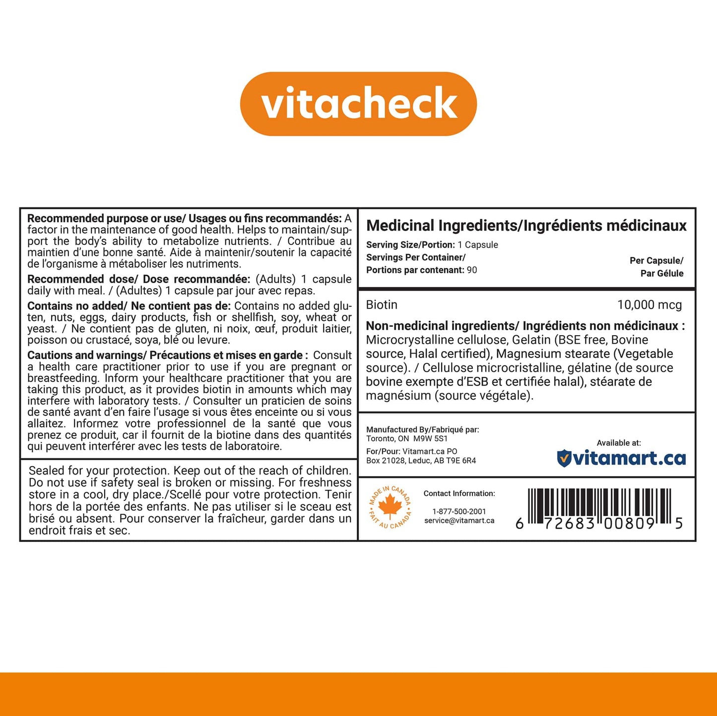 Vitacheck Biotin Extra Strength 10,000mcg, Supports Healthy Hair, Radiant Skin, 90 Vegetable Capsules CLEARANCE 25% Off Expiry 6/28 Final Sale