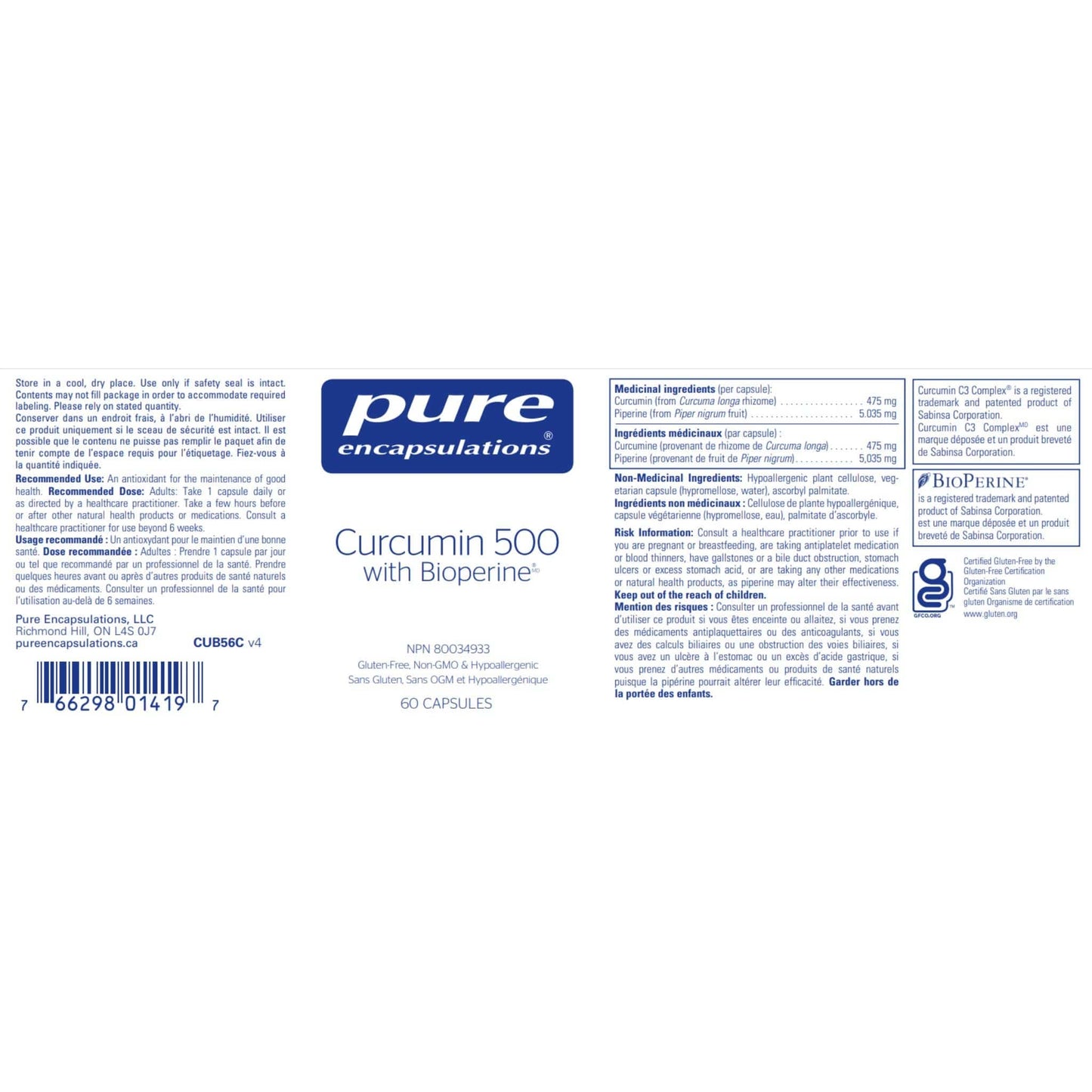 Pure Encapsulations Curcumin 500 with Bioperine 60 capsules Nutrition label