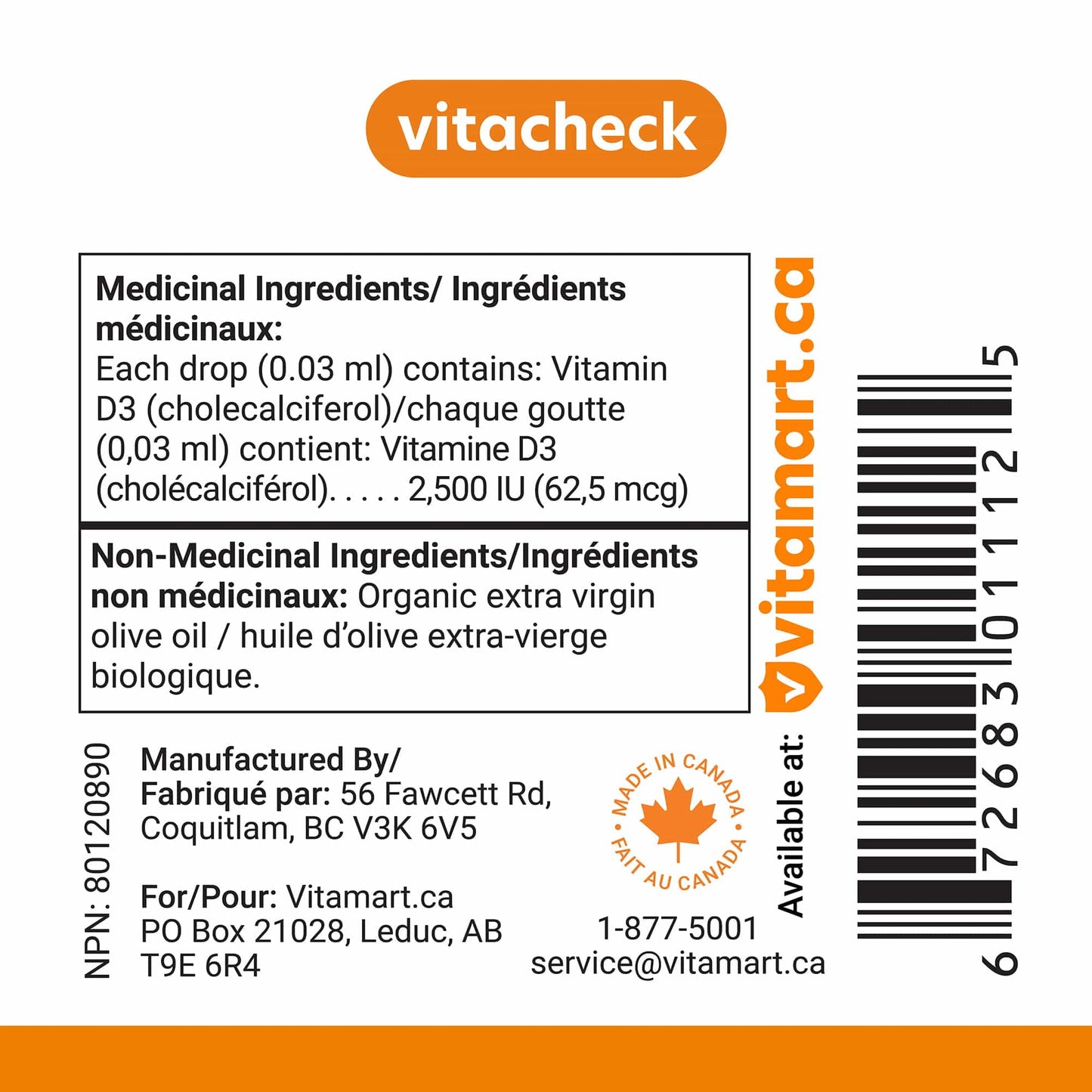 Vitacheck Vitamin D3 2500IU Liquid D3 Drops with Organic Olive Oil, 500 Servings, 15ml
