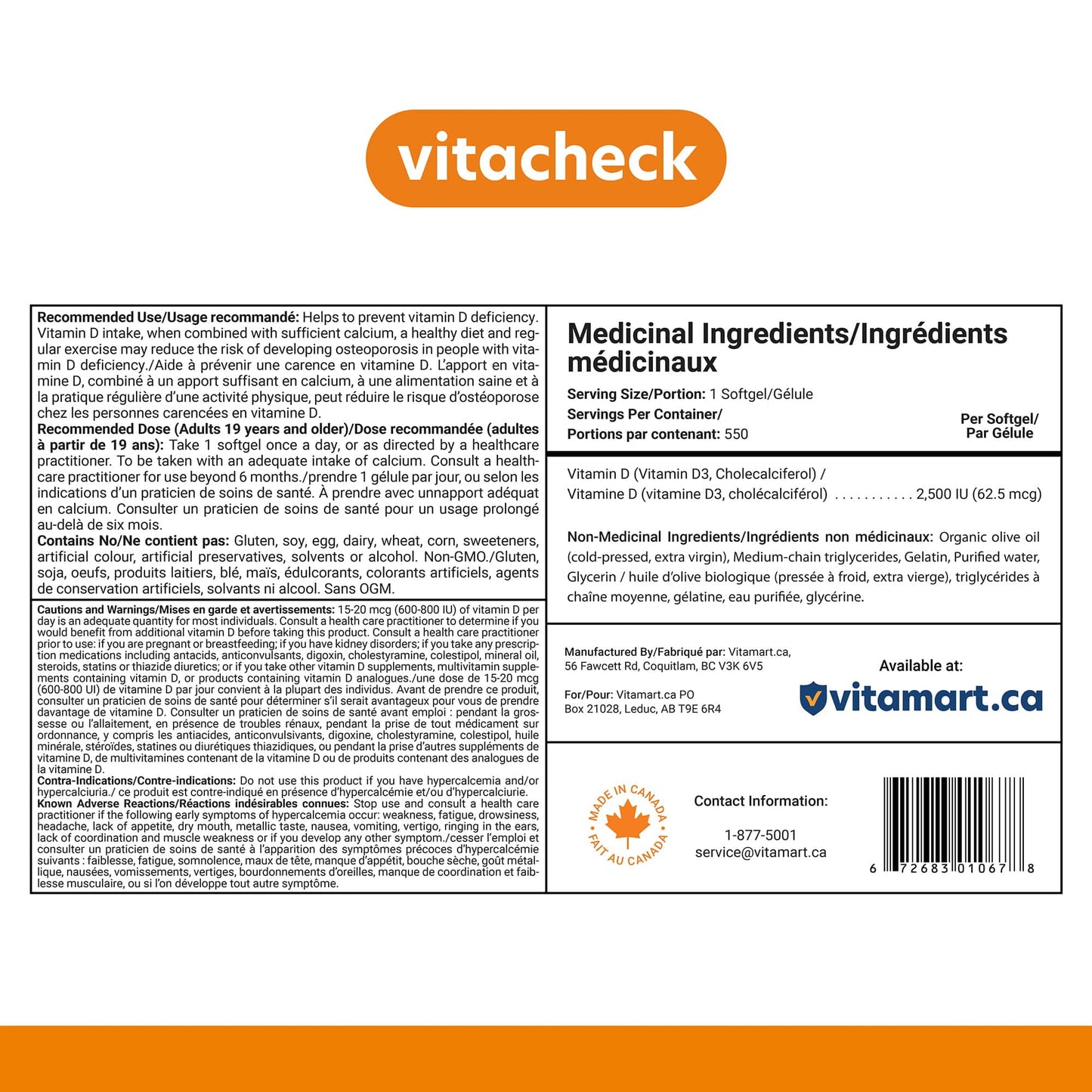 Vitacheck Vitamin D3 2500IU Softgels Extra Strength, In Organic Olive Oil & MCT Oil For Better Absorption, 180-550 Softgels
