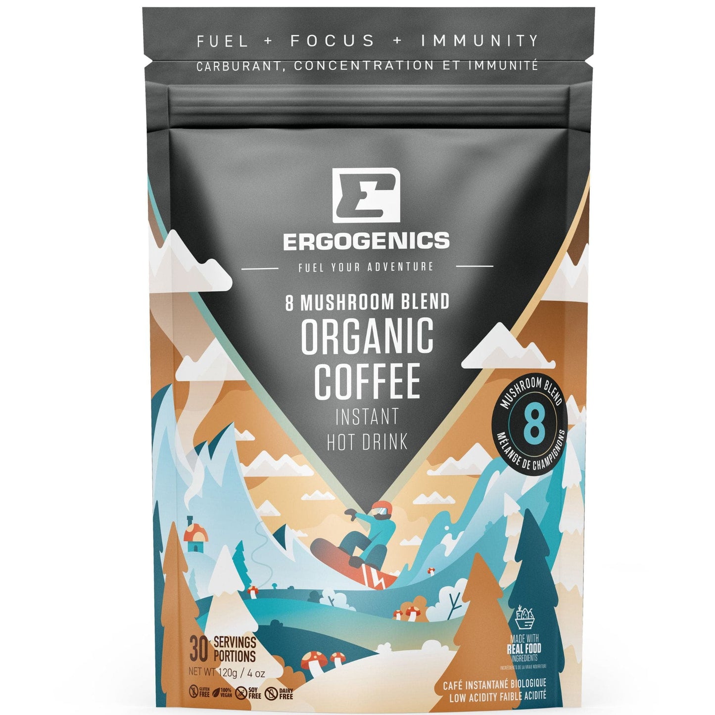 Ergogenics Mushroom Instant Organic Coffee, 8 Functional Mushroom Blend, 120g