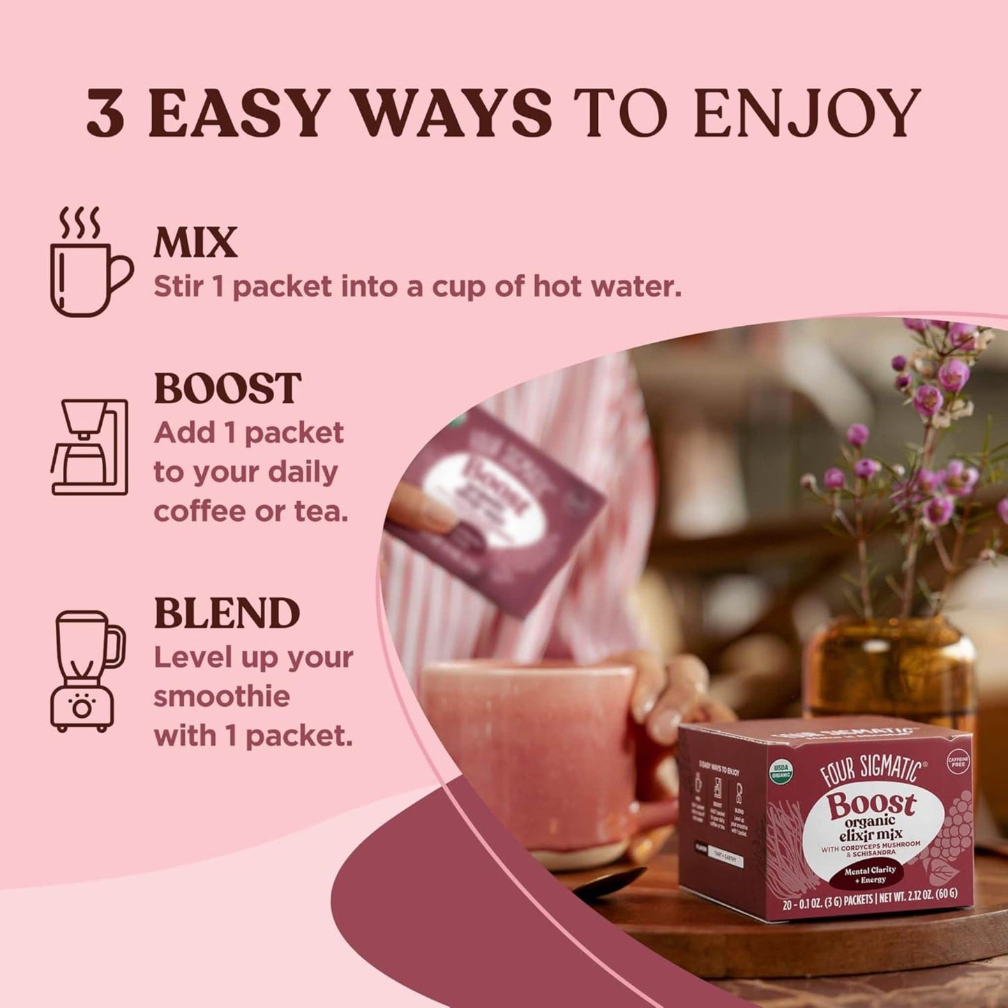 20 Packets | Four Sigmatic Boost Organic Elixir Mix product with infographic