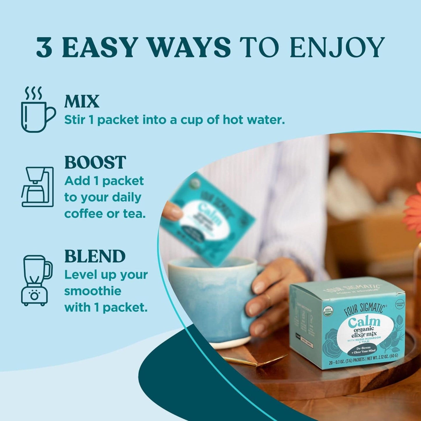 Four Sigmatic Calm Organic Elixir Mix with Reishi and Tulsi, Relax & Stress Support, Powder, 20x3g Sachets