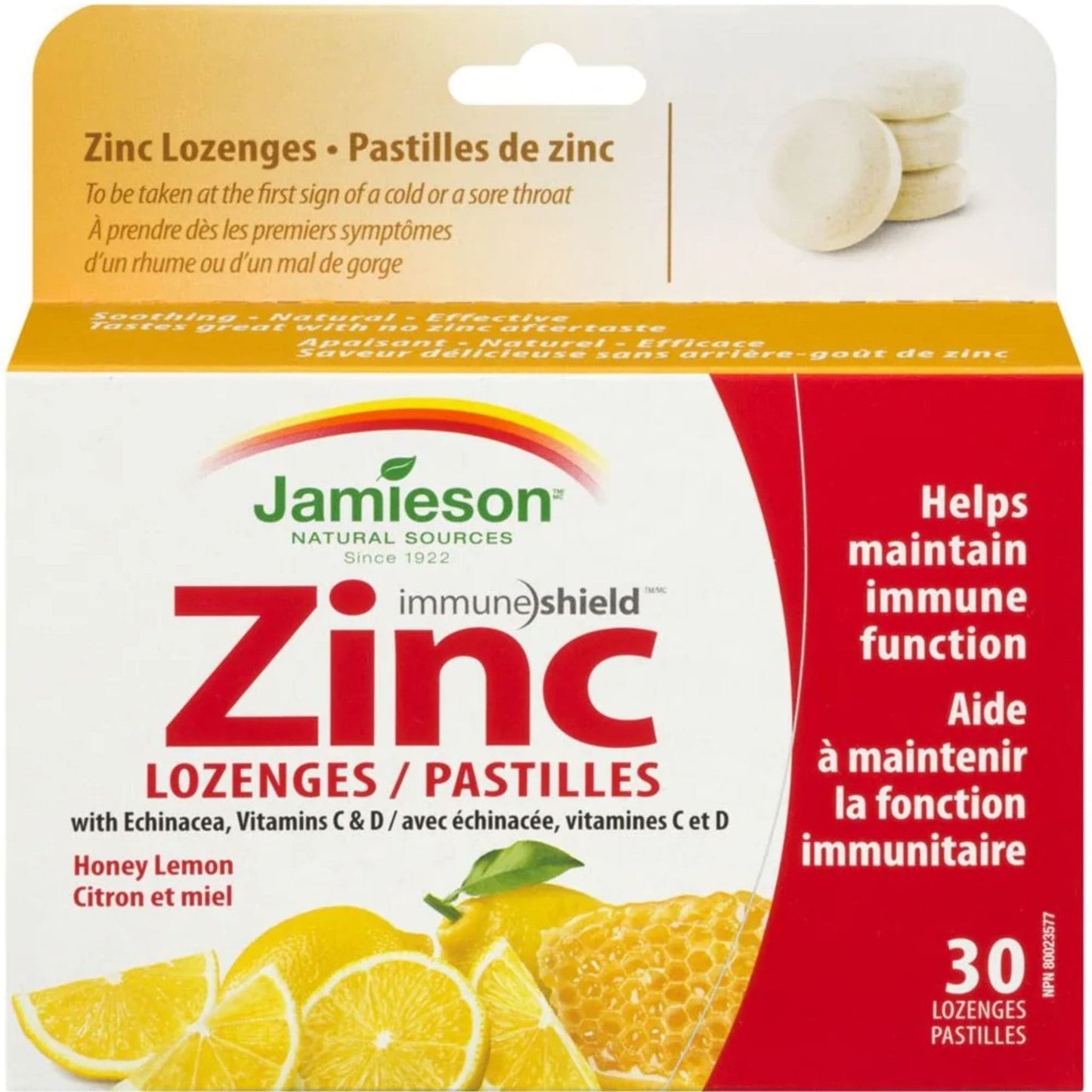 Honey Lemon, 30 Lozenges | Jamieson Zinc Lozenges with Echinacea, Vitamins C and D // honey lemon flavour