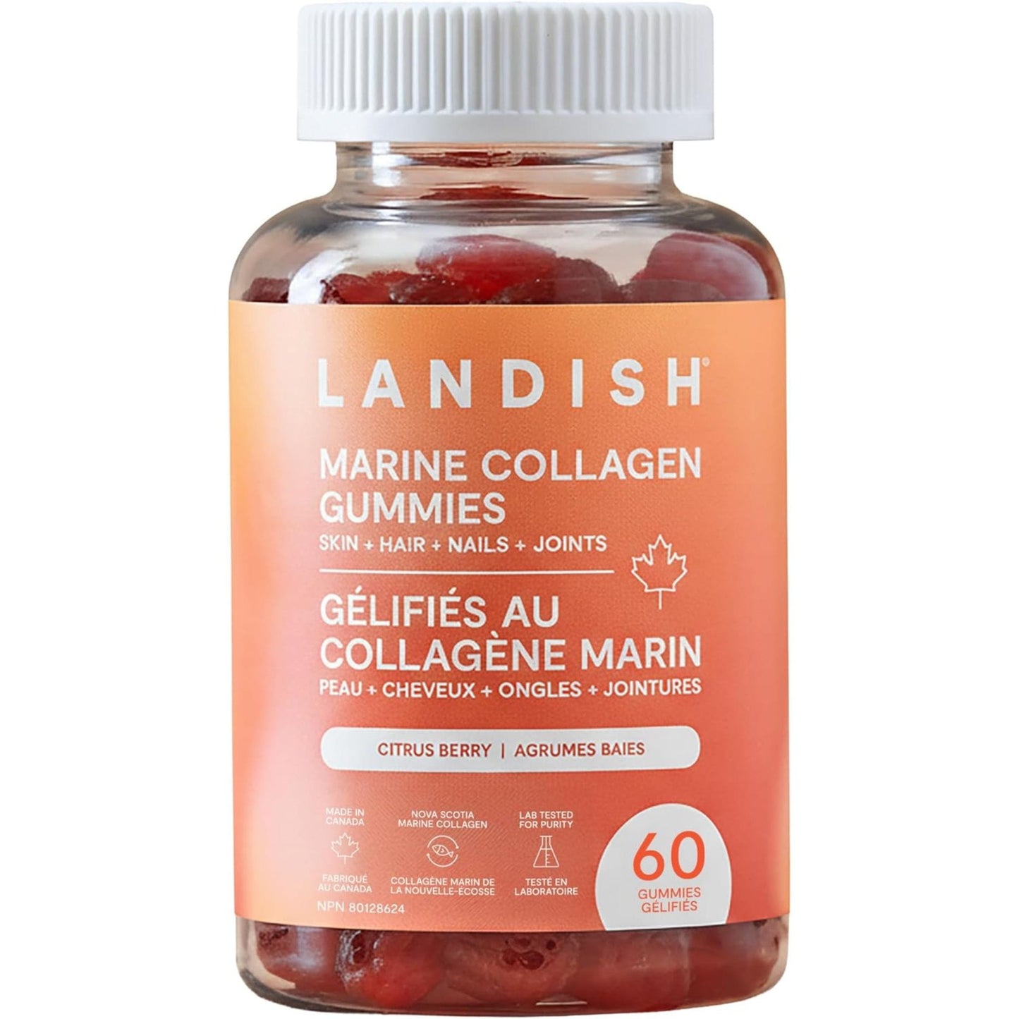 Landish Marine Collagen Gummies, Citrus Berry with Astaxanthin, Biotin & Zinc, 60 Gummies