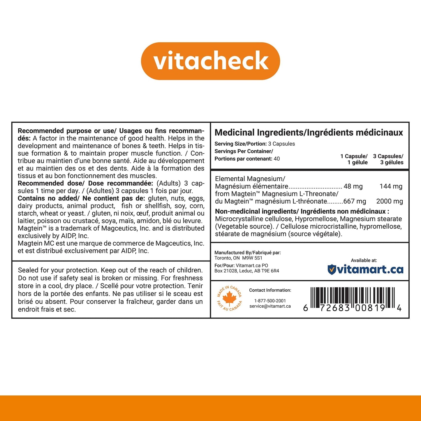 Vitacheck Magnesium Threonate 667mg Magtein, Enhances Cognitive Function, Supports Learning, Memory, Brain Health, 120 Vegetable Capsules