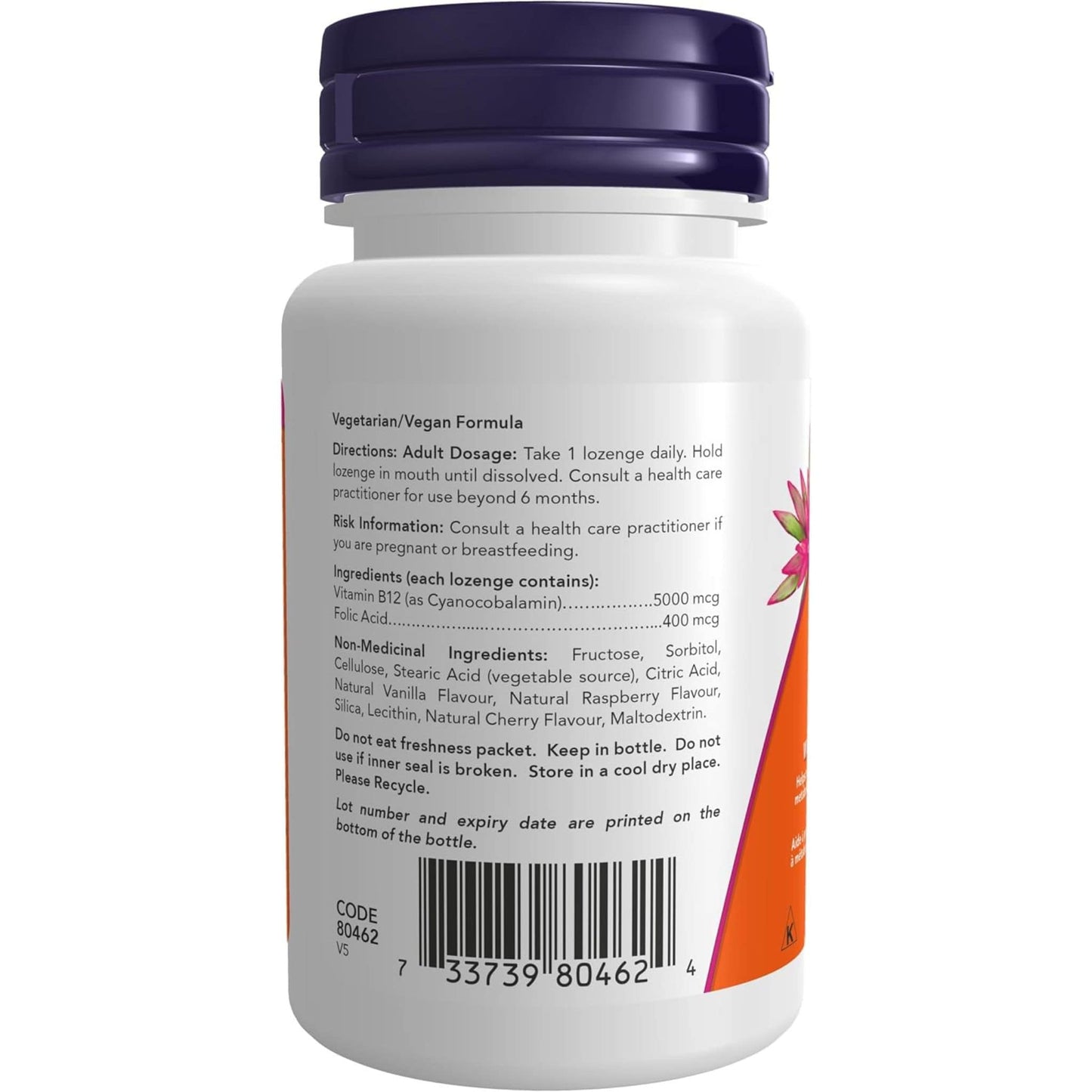 60 Lozenges | NOW B-12 5000 mcg Chewable with Folic Acid