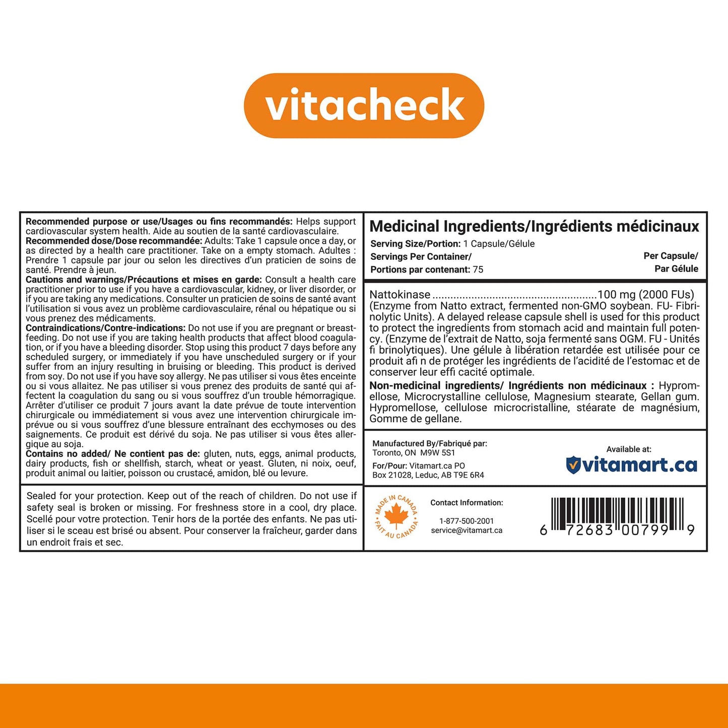 Vitacheck Nattokinase 100mg, 2000 FUs, Natural Heart Health, Circulation and Blood Pressure Support, 75 Delayed Release Capsules