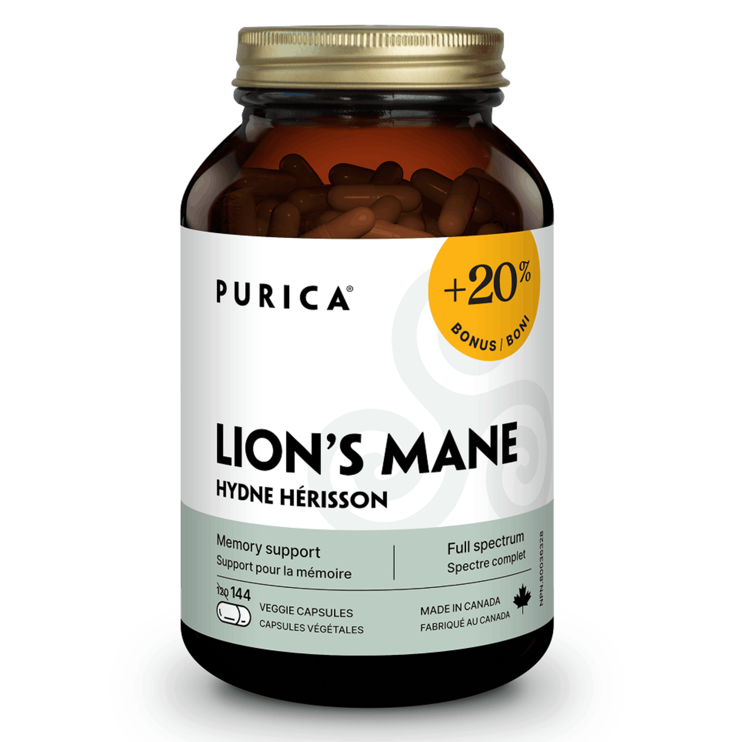 144 Vegetable Capsules Bonus Size | Purica Lion's Mane Memory Support