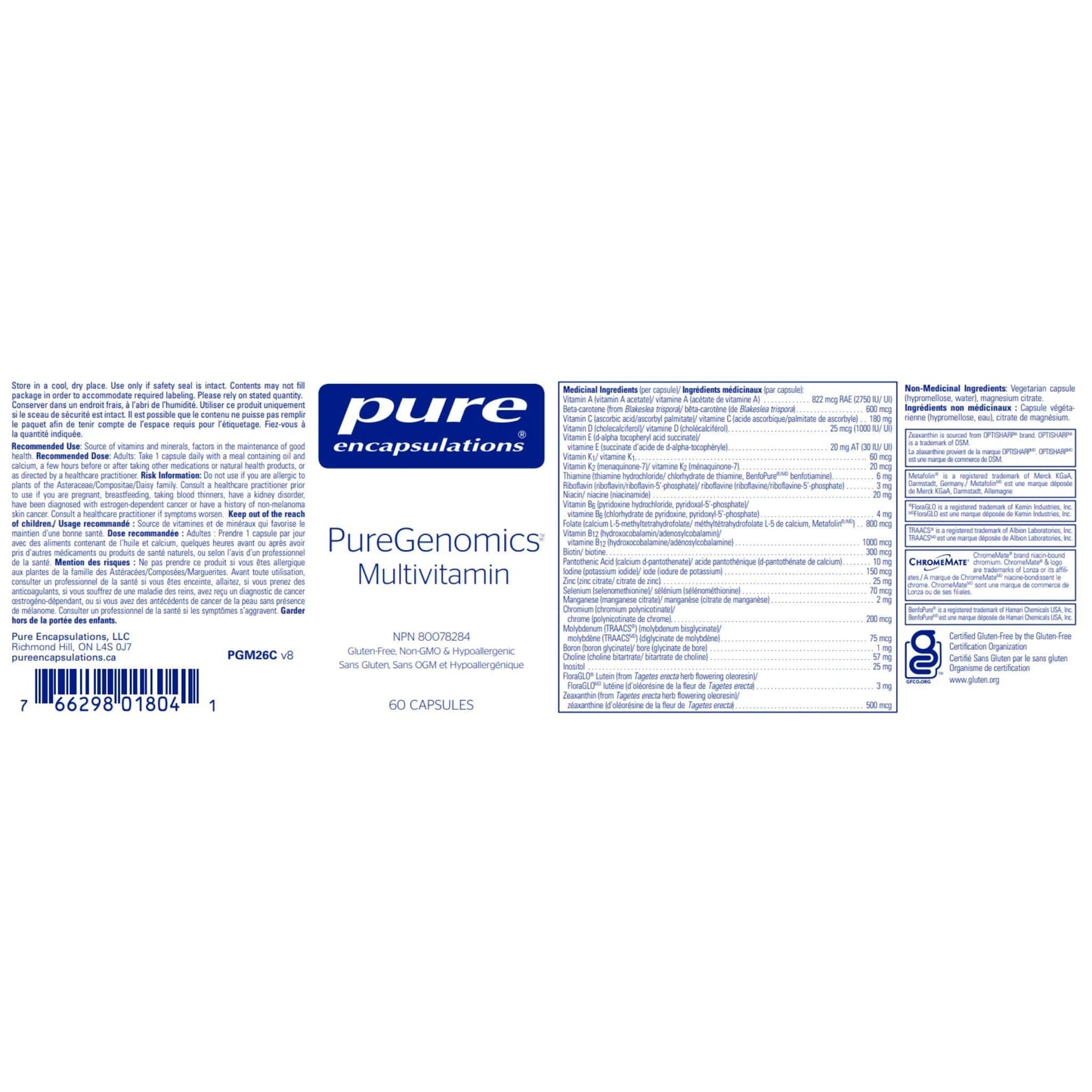 Pure Encapsulations PureGenomics Multivitamin 60 capsules nutrition label