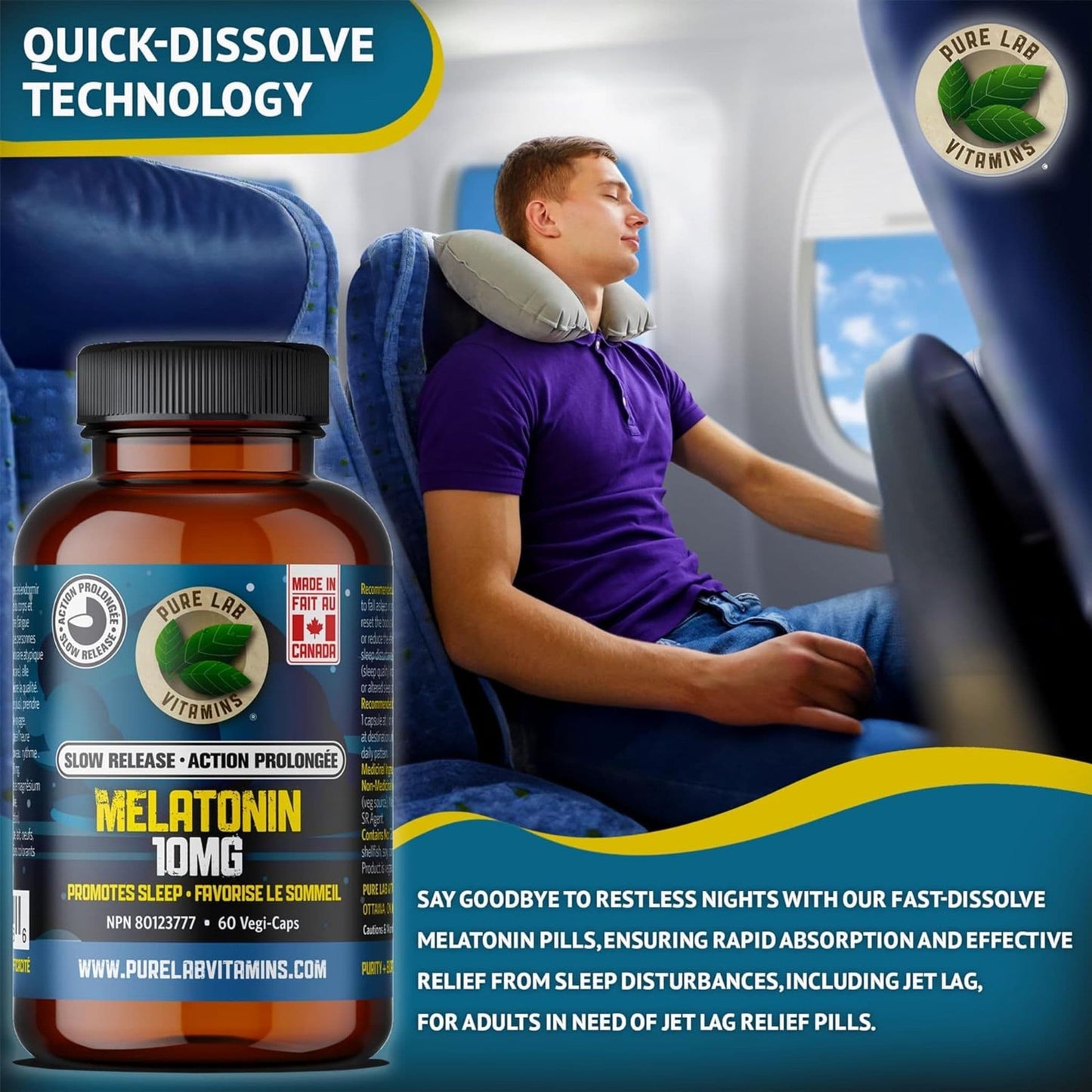 60 Vegetable Capsules | Pure Lab Vitamins Melatonin 10 MG Slow Release Infographic