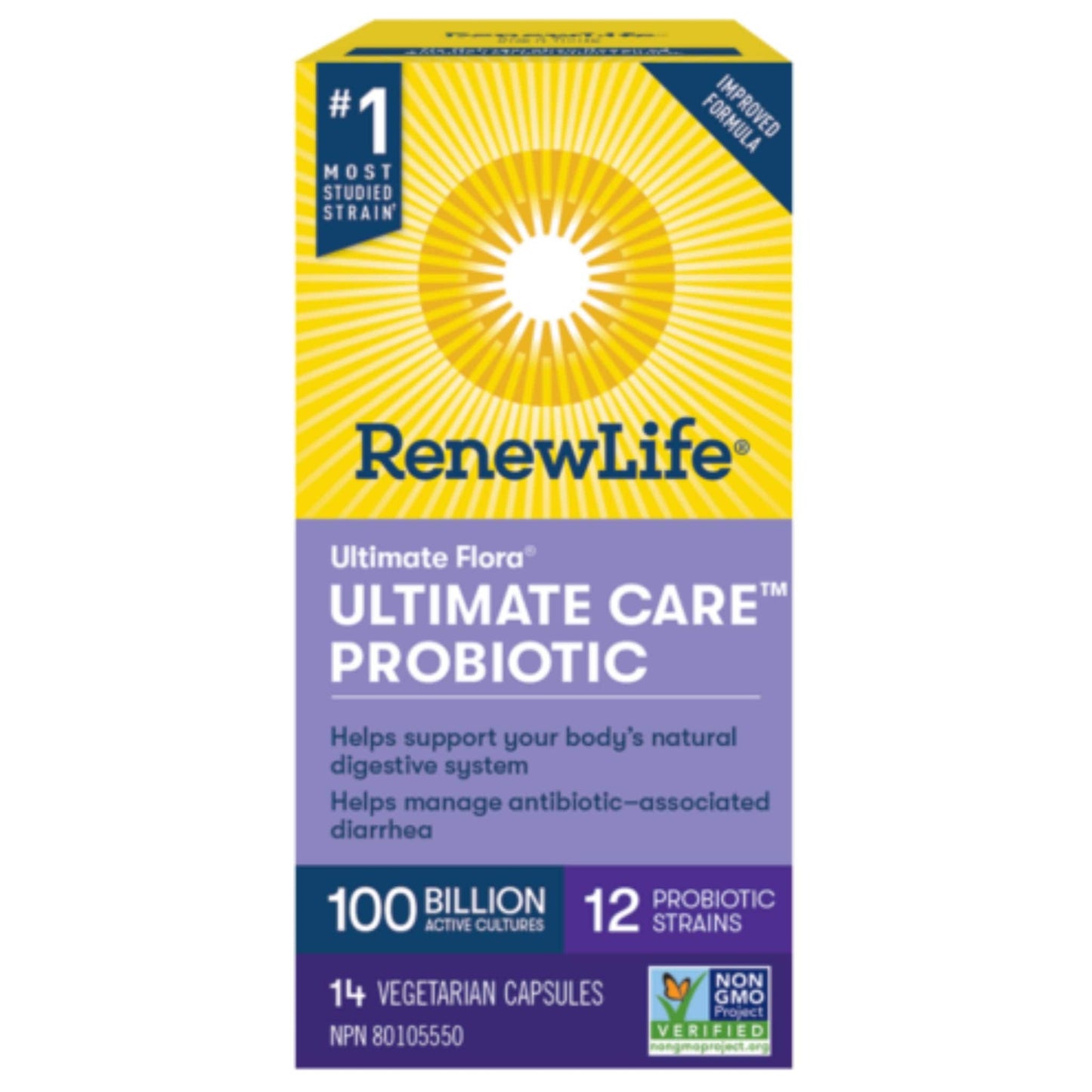 14 Vegetarian Capsules | RenewLife Ultimate Flora, Ultimate Care Probiotic, 100 Billion Active Cultures, 12 Probiotic Strains