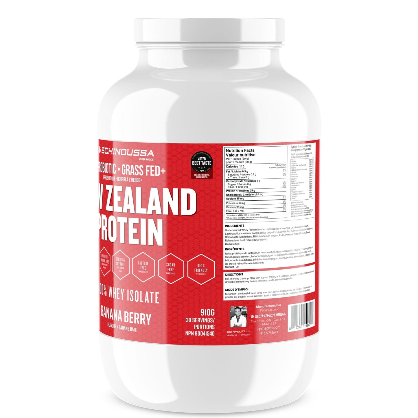Banana Berry | Schinoussa New Zealand Protein 8 Probiotic 100% Whey Isolate Nutrition Label // Banana Berry flavour