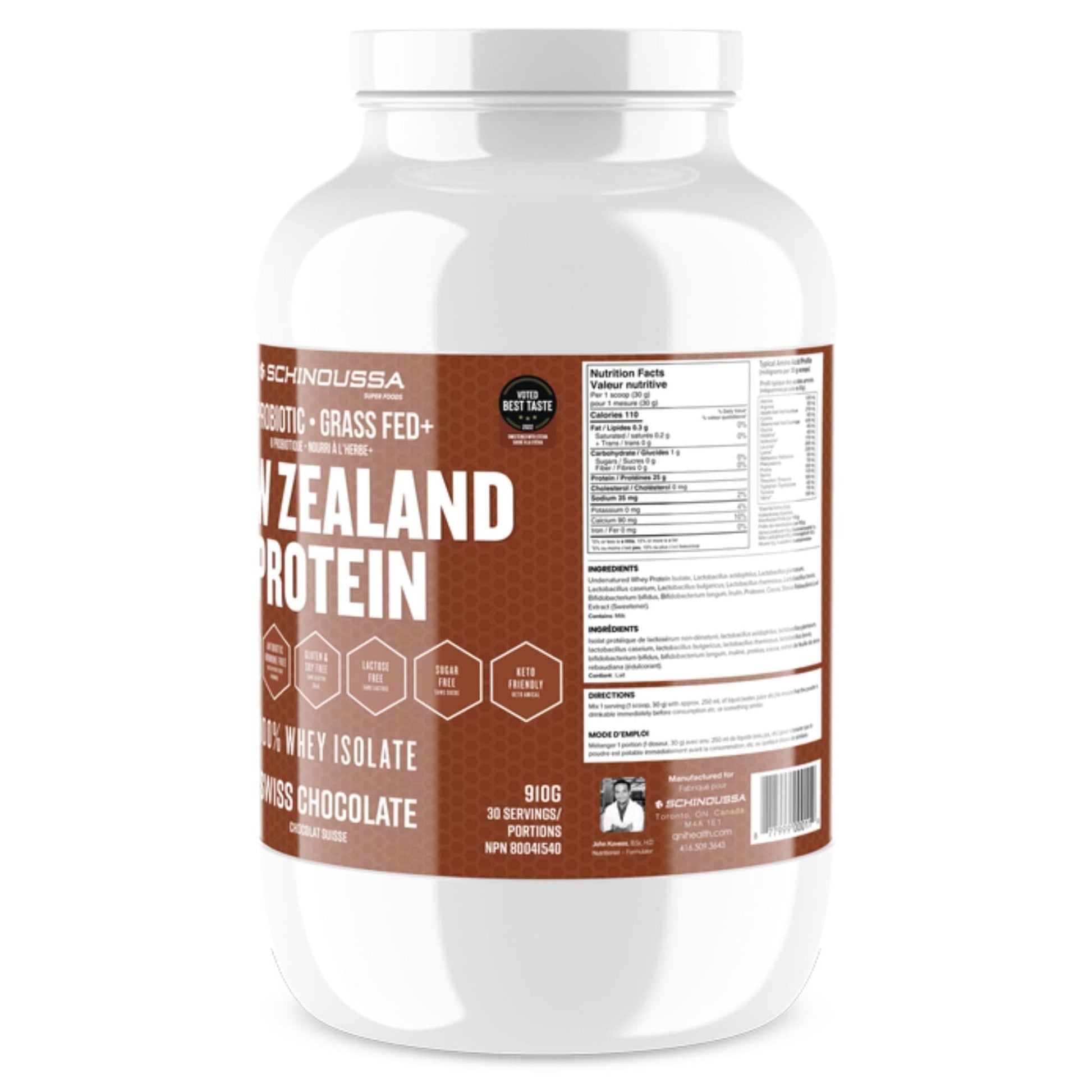 Swiss Chocolate | Schinoussa New Zealand Protein 8 Priobiotic 100% Whey Isolate // Chocolate flavour