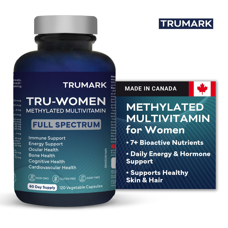 TRUMARK TRU-WOMEN Methylated Multivitamin for Women, Bioactive High Potency Daily Support for Energy, Mood, Hormones, Immunity, 60 Day Supply, 120 Vegetable Capsules