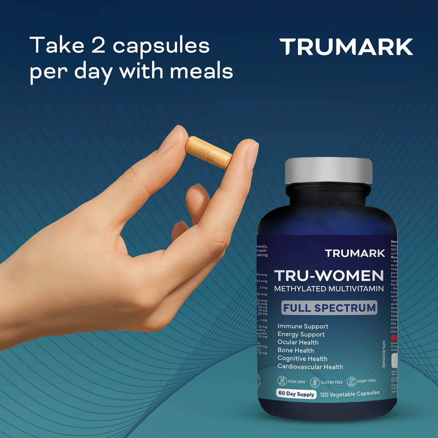 TRUMARK TRU-WOMEN Methylated Multivitamin for Women, Bioactive High Potency Daily Support for Energy, Mood, Hormones, Immunity, 60 Day Supply, 120 Vegetable Capsules