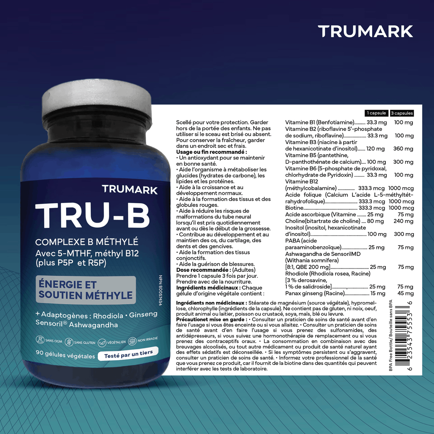 90 Vegetable Capsules | TRUMARK TRU-B Methylated B Complex with 5-MTHF, Methyl B12, P5p and R5P French Label