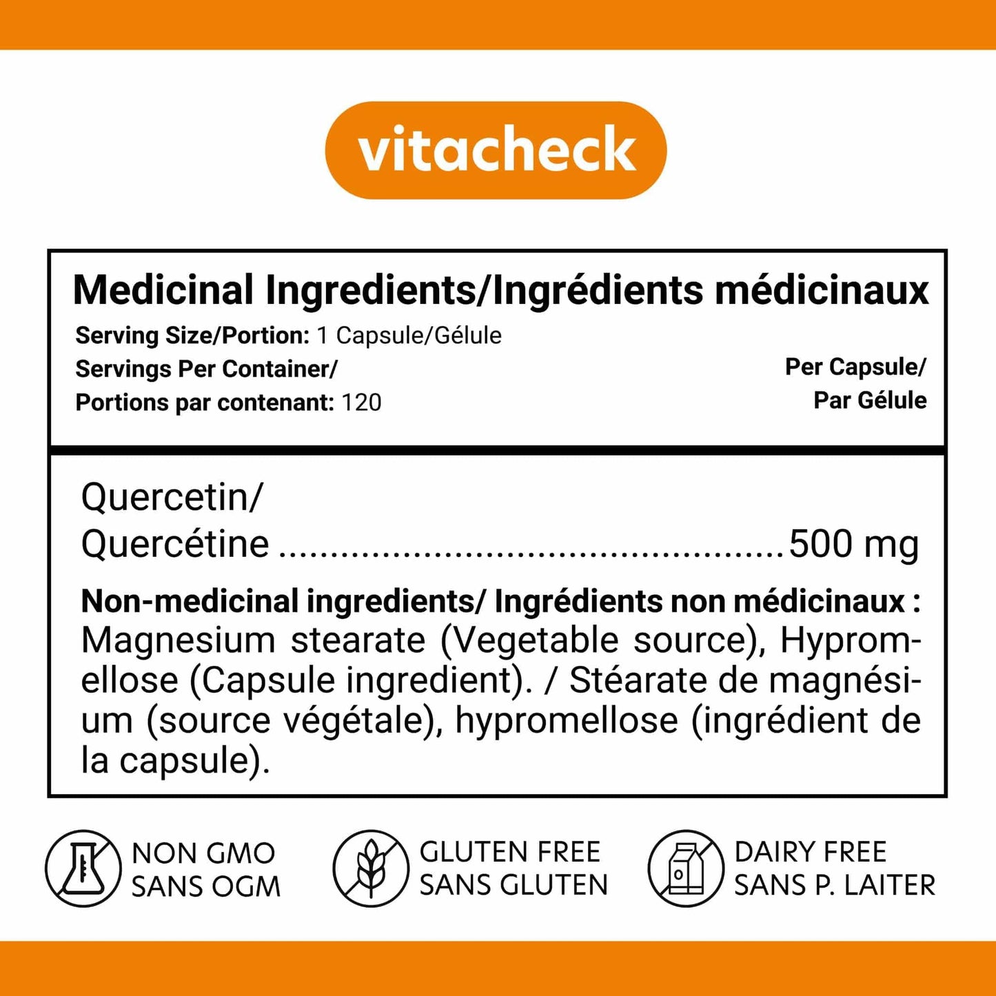 120 Vegetable Capsules | Vitacheck Quecetin Nutrition Label