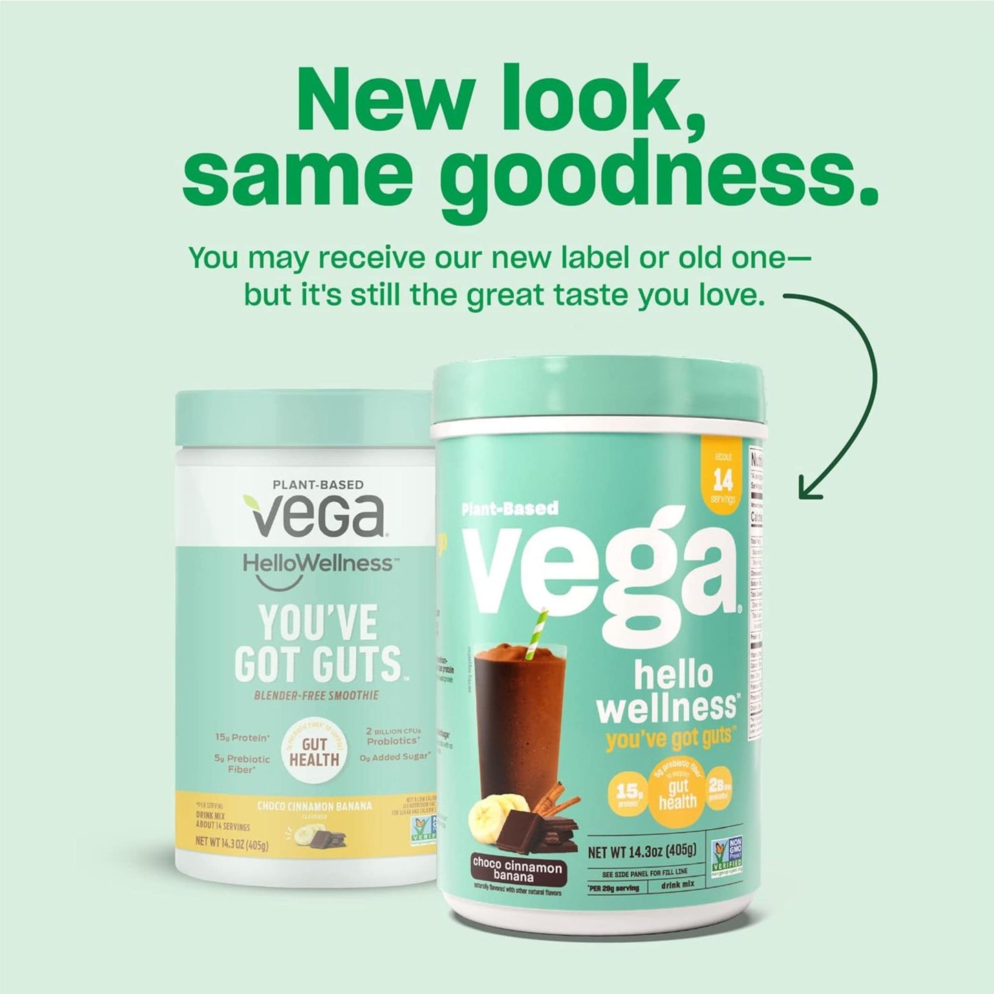 Choco Cinnamon Banana 405g | Vega Hello Wellness You've Got Guts // Infographic