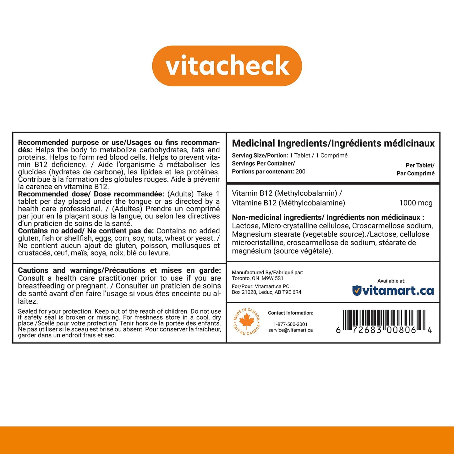 Vitacheck Vitamin B12 1000mcg, Sublingual B12 Quick Dissolve Methylcobalamin, Supports Energy, Healthy Nerve and Blood Cells, 200 Sublingual Tablets