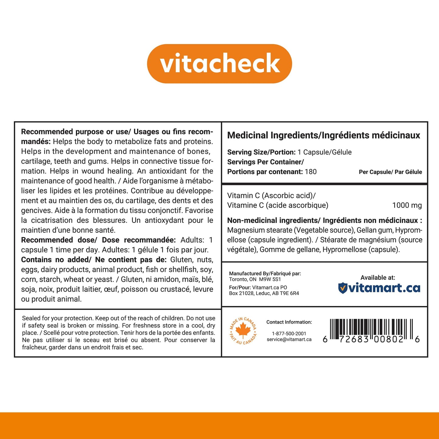 Vitacheck Vitamin C 1000mg Capsules, 100% Pure, Helps Boost Immune System and Skin Health, 180 Delayed Release Vegetable Capsules