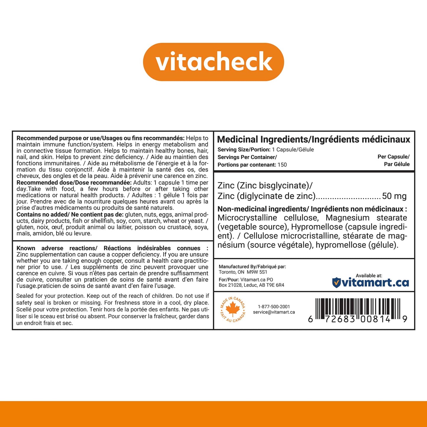 Vitacheck Zinc Bisglycinate 50mg, Chelated, Supports Immune Health, Skin, Hair and Wound Healing, 150 Vegetable Capsules CLEARANCE 25% Off Exp 5/28 Final Sale