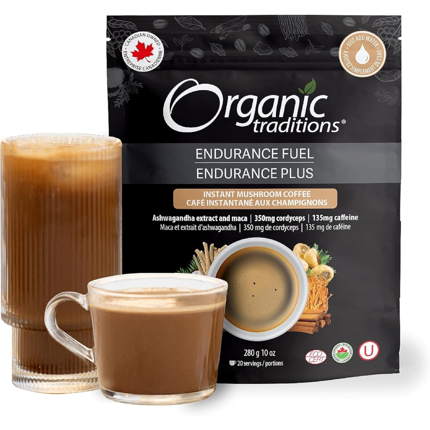 140g | Organic Traditions Endurance Fuel Instant Mushroom Coffee 5oz // Infographic