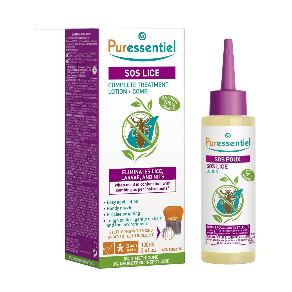 Puressentiel SOS Lice Treatment Lotion and Steel Comb, 100ml