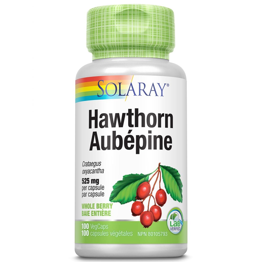 Solaray Hawthorn Berry Fruit 525mg, Whole Berry, 100 Vegetable Capsules