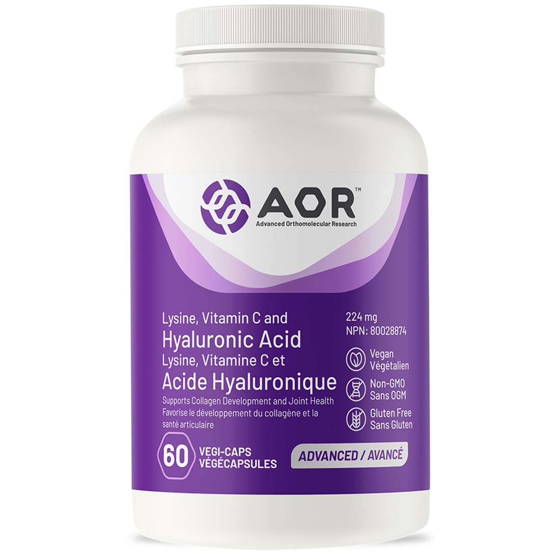 AOR Lysine 75mg, Vitamin C 50mg and Hyaluronic Acid 98.5mg, 60-120 Vegetable Capsules
