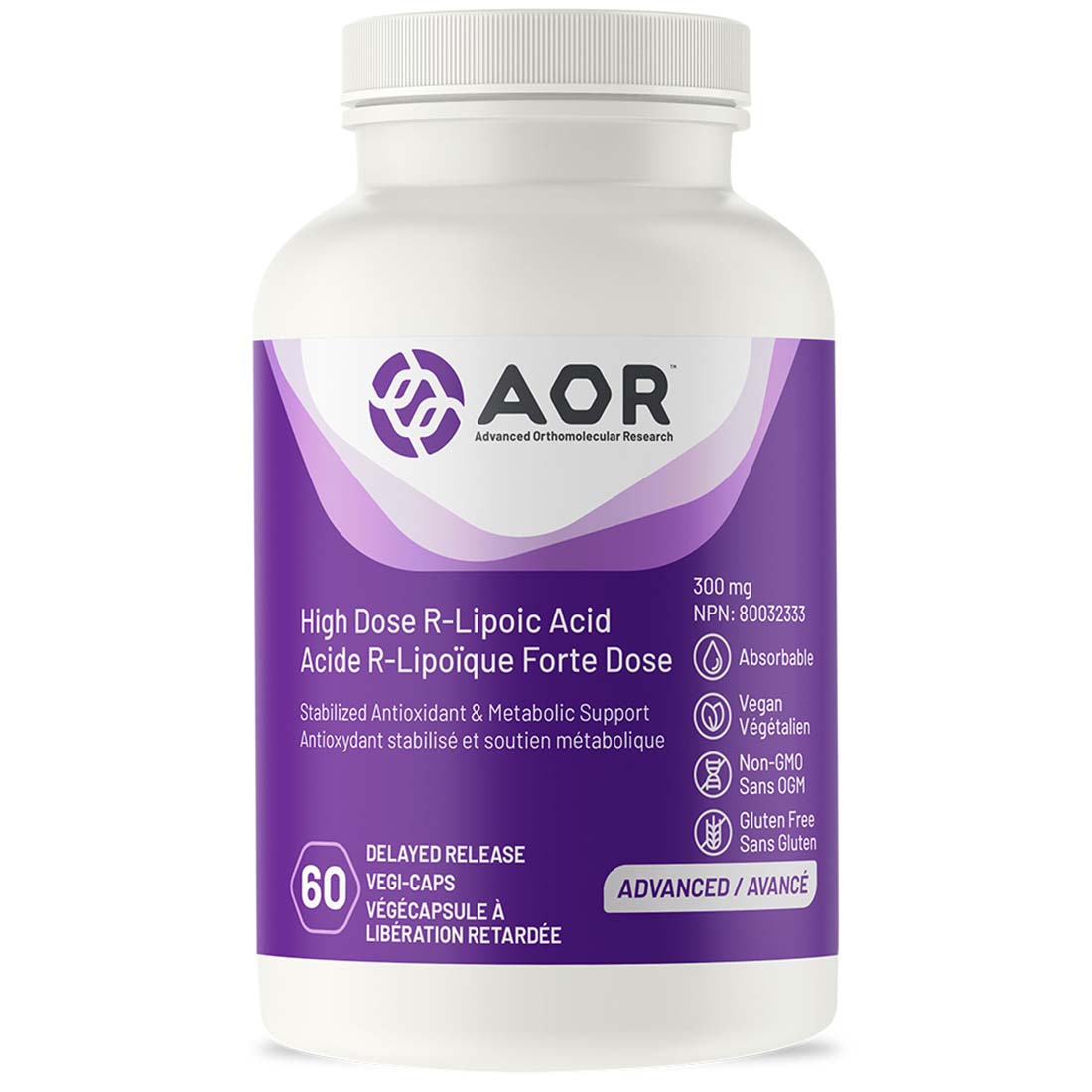 AOR High Dose R-Lipoic Acid 300mg, 60 Vegi-Capsules