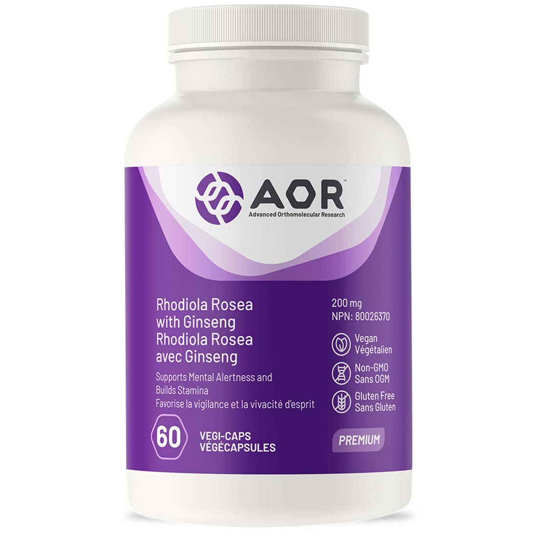 AOR Rhodiola Rosea with Ginseng, 200mg, 60 Vegi-Capsules