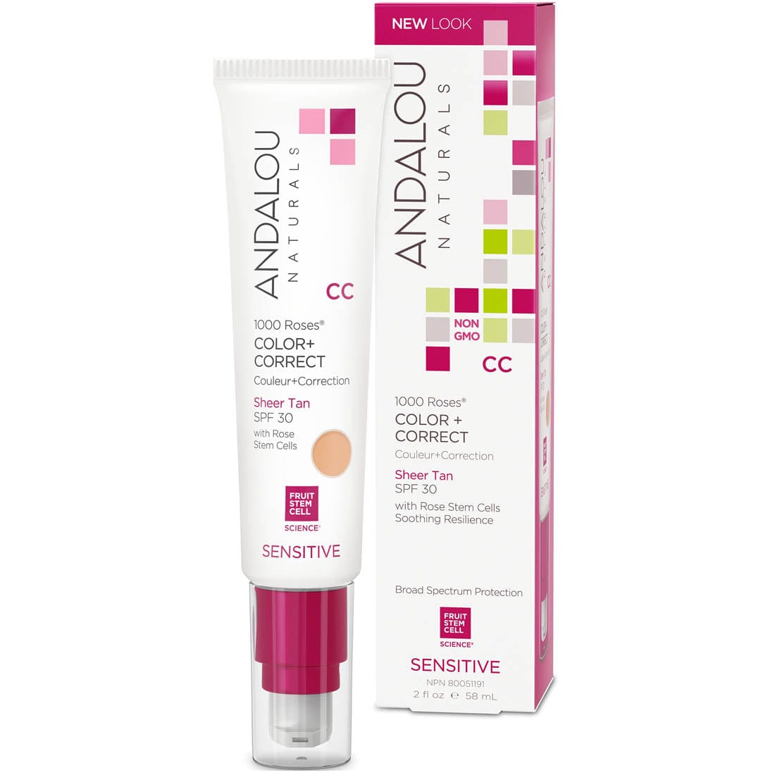 Andalou Naturals 1000 Roses Colour & Correct Mosturizing Cream with SPF 30, Sensitive, 58ml
