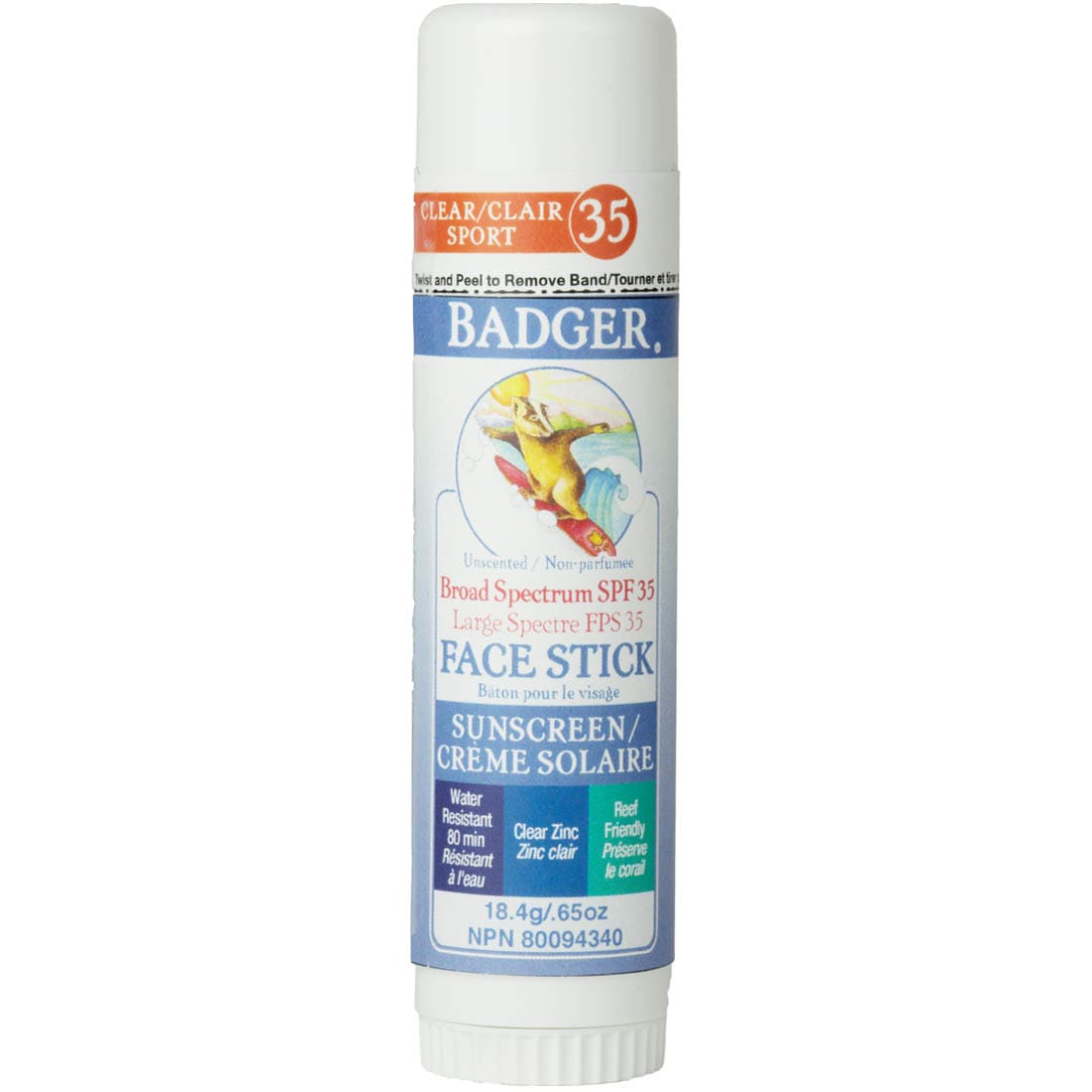 Badger Clear Zinc Sunscreen Face Stick SPF 35, Broad Spectrum, Kids and Adults, Water Resistant, 18.4g