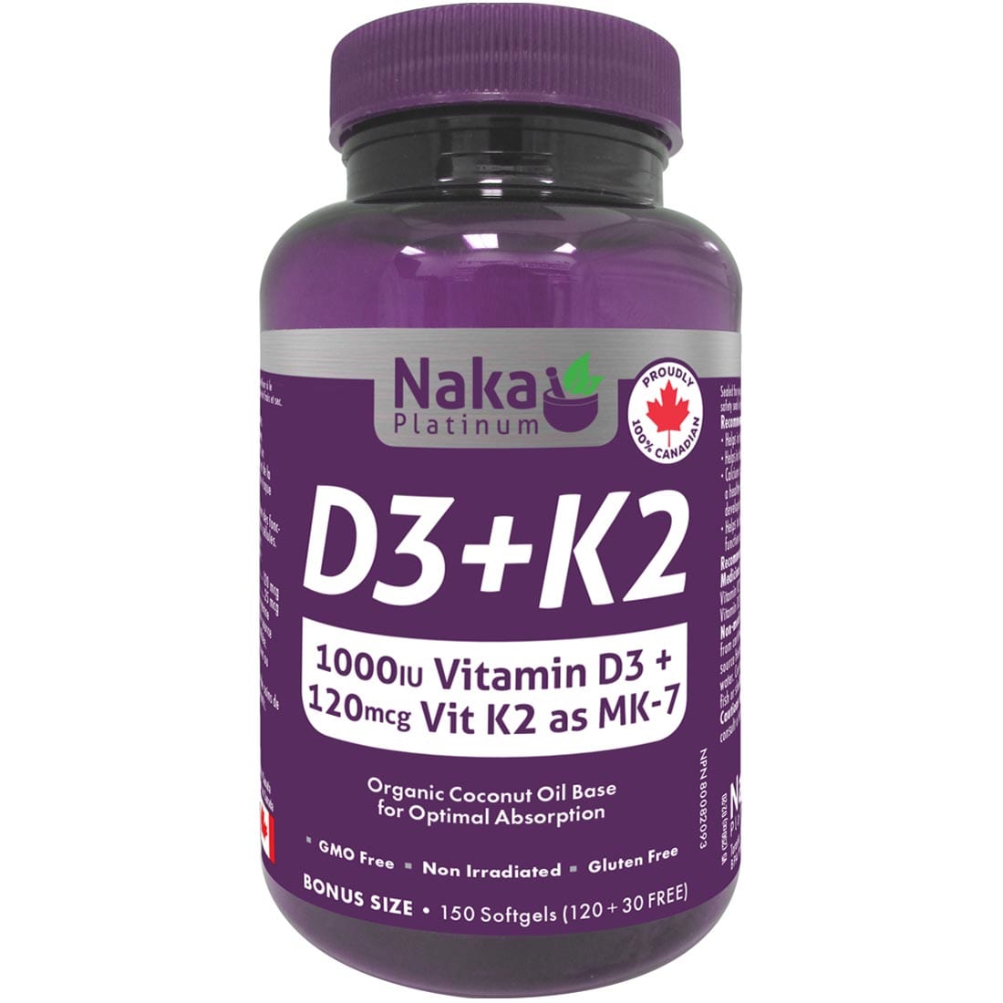 Naka Platinum D3+K2 Softgels, 1000IU D3 and 120mcg K2