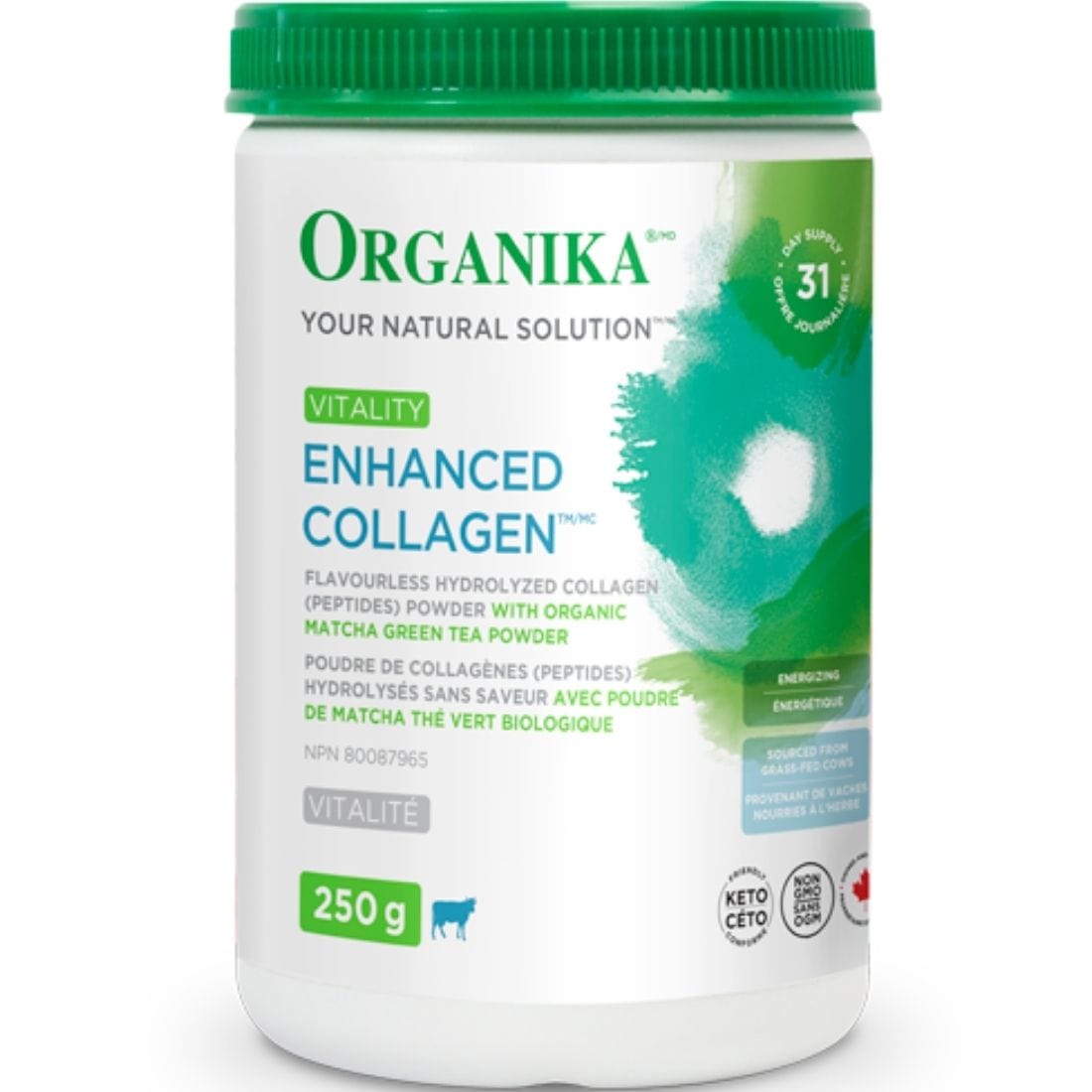 Organika Enhanced Collagen with Organic Matcha Powder (Flavourless Hydrolyzed Collagen Peptides), 250g