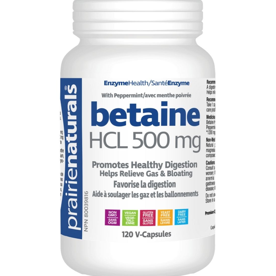 Prairie Naturals Betaine HCL 500mg Plus Peppermint 60mg, Digestive Aid Reducing Symptoms of Reflux, Gas and Bloating