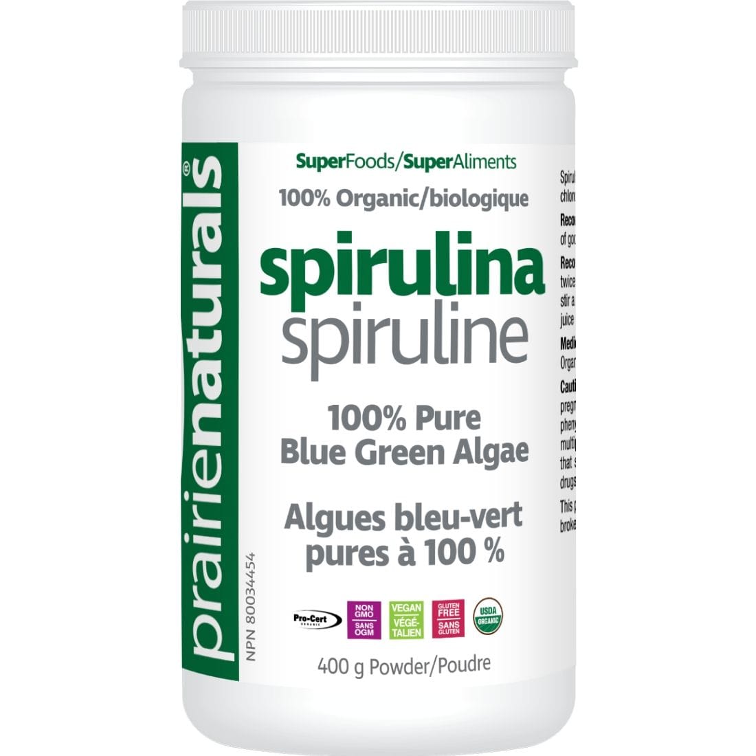 Prairie Naturals Organic Spirulina Powder, 100% Pure Blue Green Algae, 400g