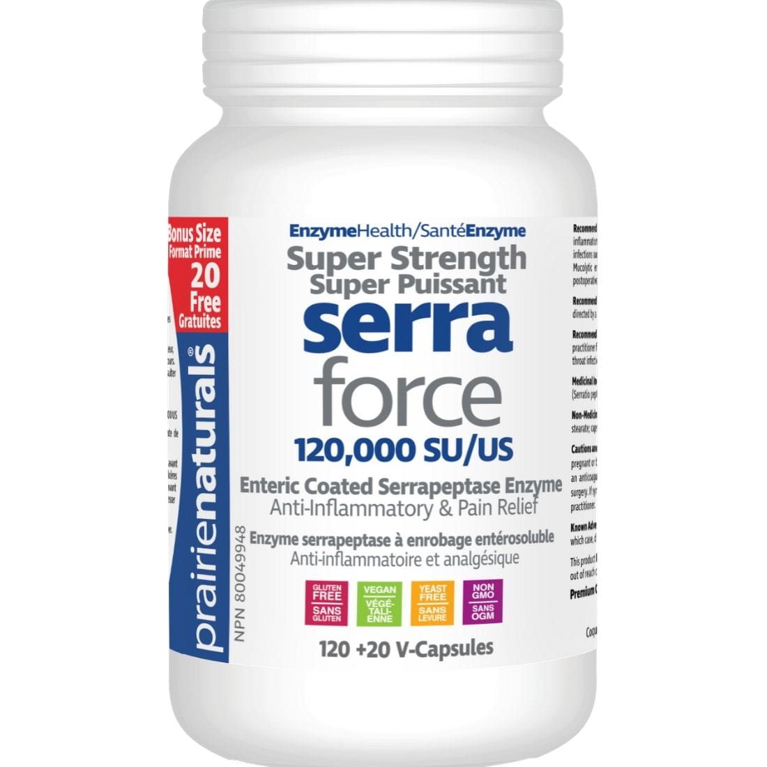 Prairie Naturals Serra-Force SUPER Strength Serrapeptase 120,000 SU, 140 Capsules BONUS SIZE!