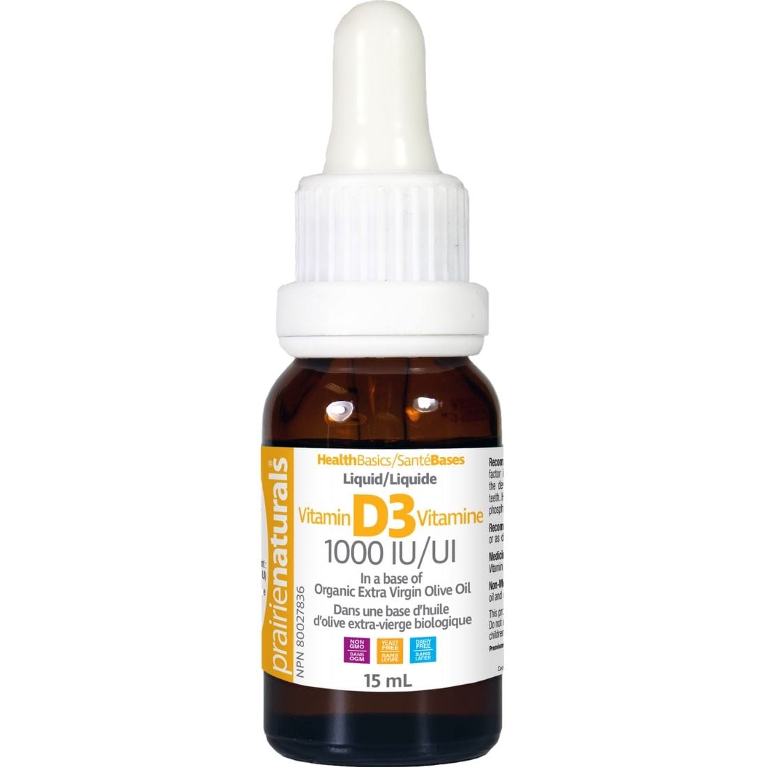 Prairie Naturals Vitamin D3 Drops, 1000IU in a base of Organic Extra Virgin Olive Oil, 500 Servings (15ml)