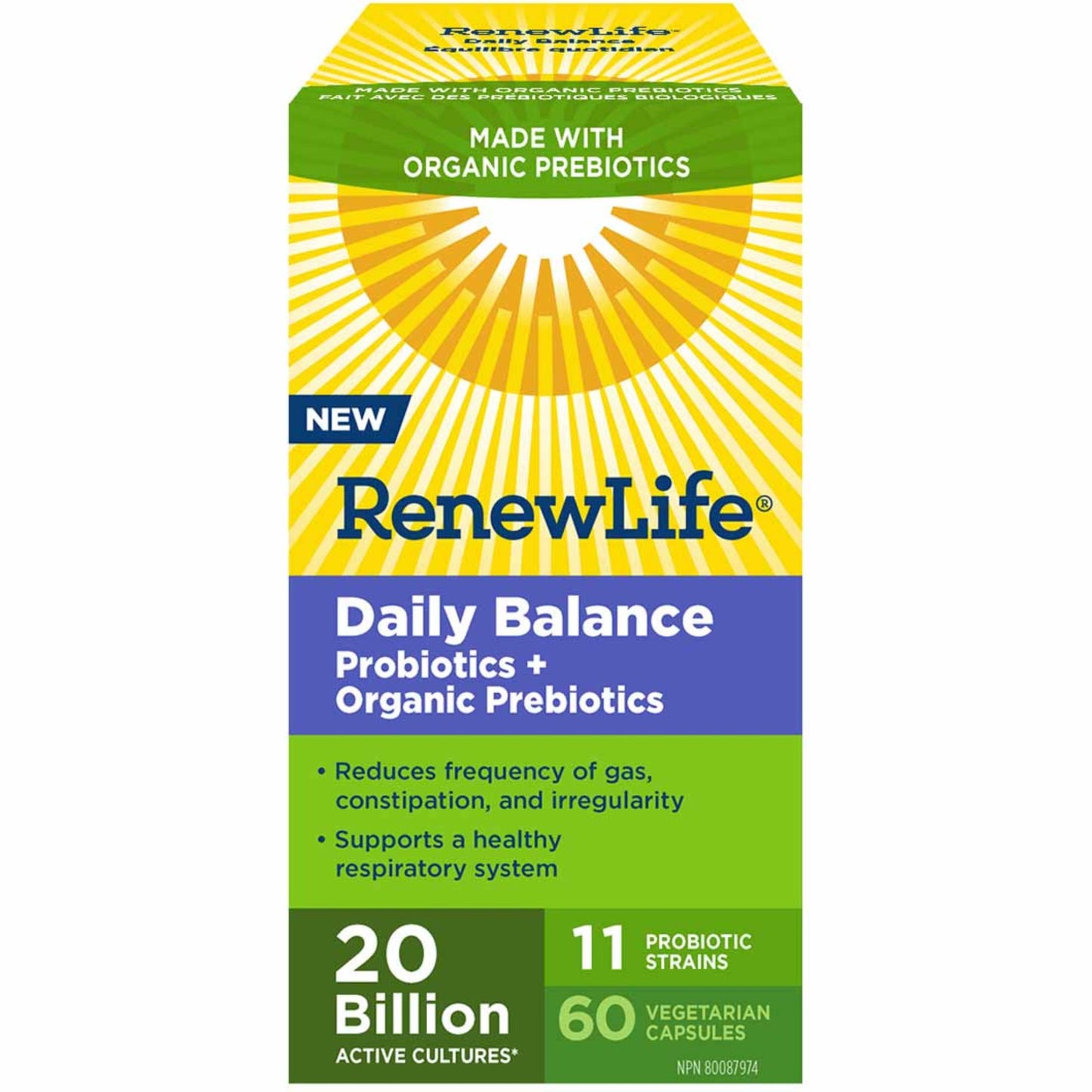 60 Vegetarian Capsules | RenewLife Daily Balance Probiotics + Organic Prebiotics, 20 Billion Active Cultures, 11 Probiotic Strains