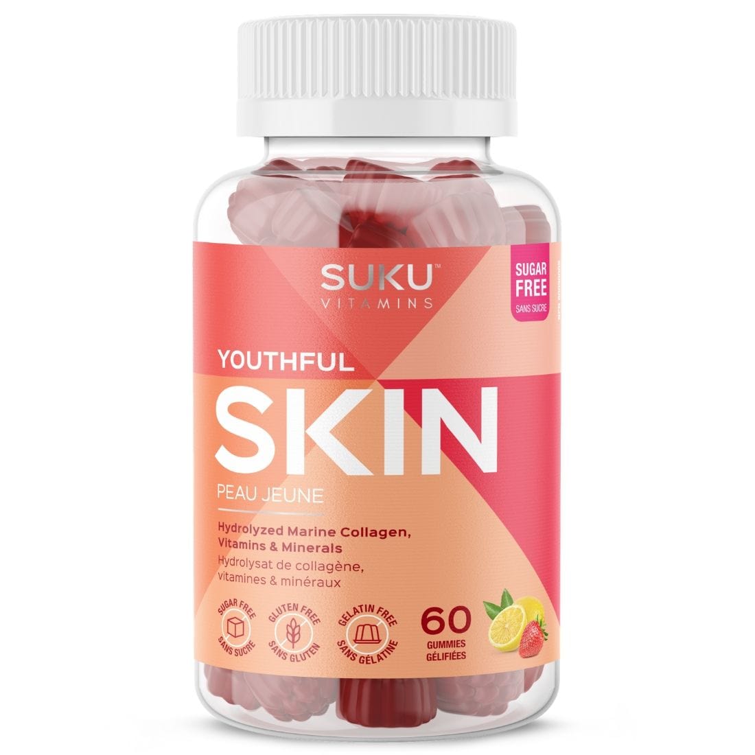 Suku Vitamins Youthful Skin, Hydrolyzed Marine Collagen Gummies, Hair Skin Nails Support, 60 Gummies