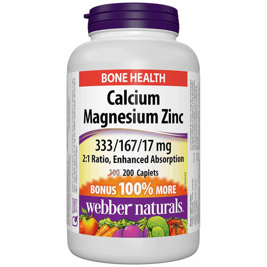 Webber Naturals Calcium Magnesium with Zinc, 333mg/166mg/17mg, Easy Absorption, BONUS SIZE 100% More, 100+100 Caplets