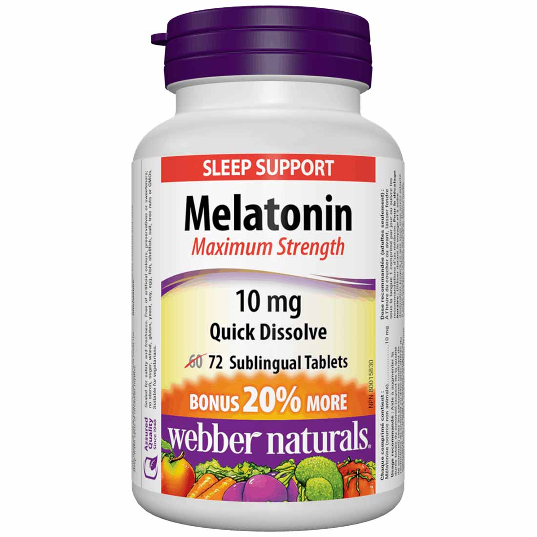 72 Sublingual Tablets | Webber Naturals Sleep Support Melatonin Maximum Strength 10mg Quick Dissolve