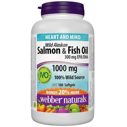 Webber Naturals Omega–3 Wild Salmon & Fish Oil, 1000mg, EPA 180mg, DHA 120mg, BONUS 20% More, 150+30 Softgels