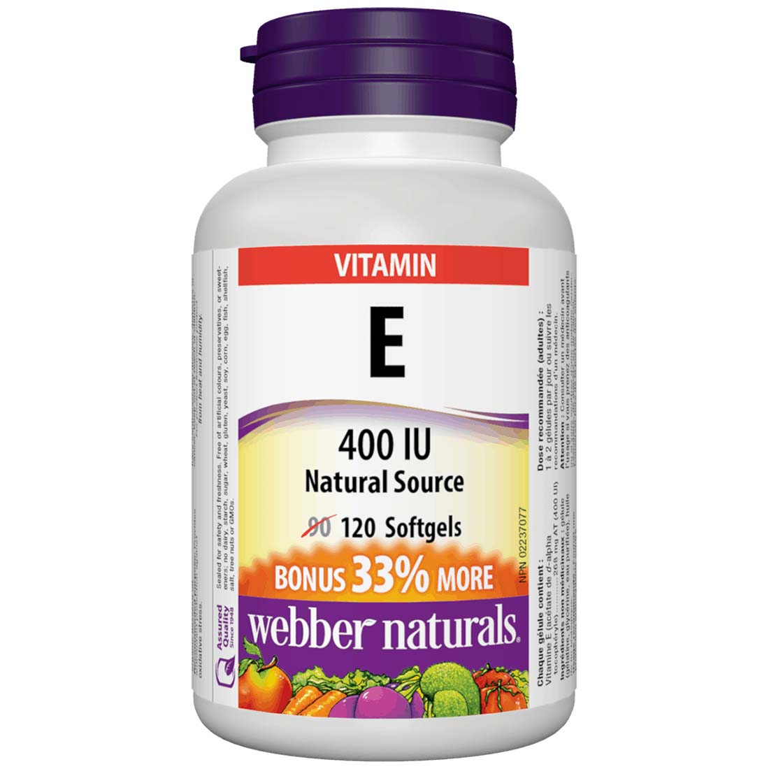 Webber Naturals Vitamin E, Natural Source, 400IU, BONUS! 33% More, 90+30 Softgels