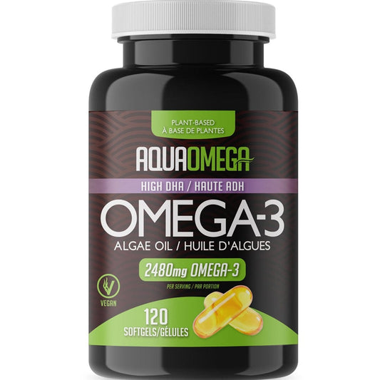 Unflavoured 120 softgels | AquaOmega Plant-Based High DHA Omega-3 Algae Oil - Bottle of 120 softgels // Unflavoured